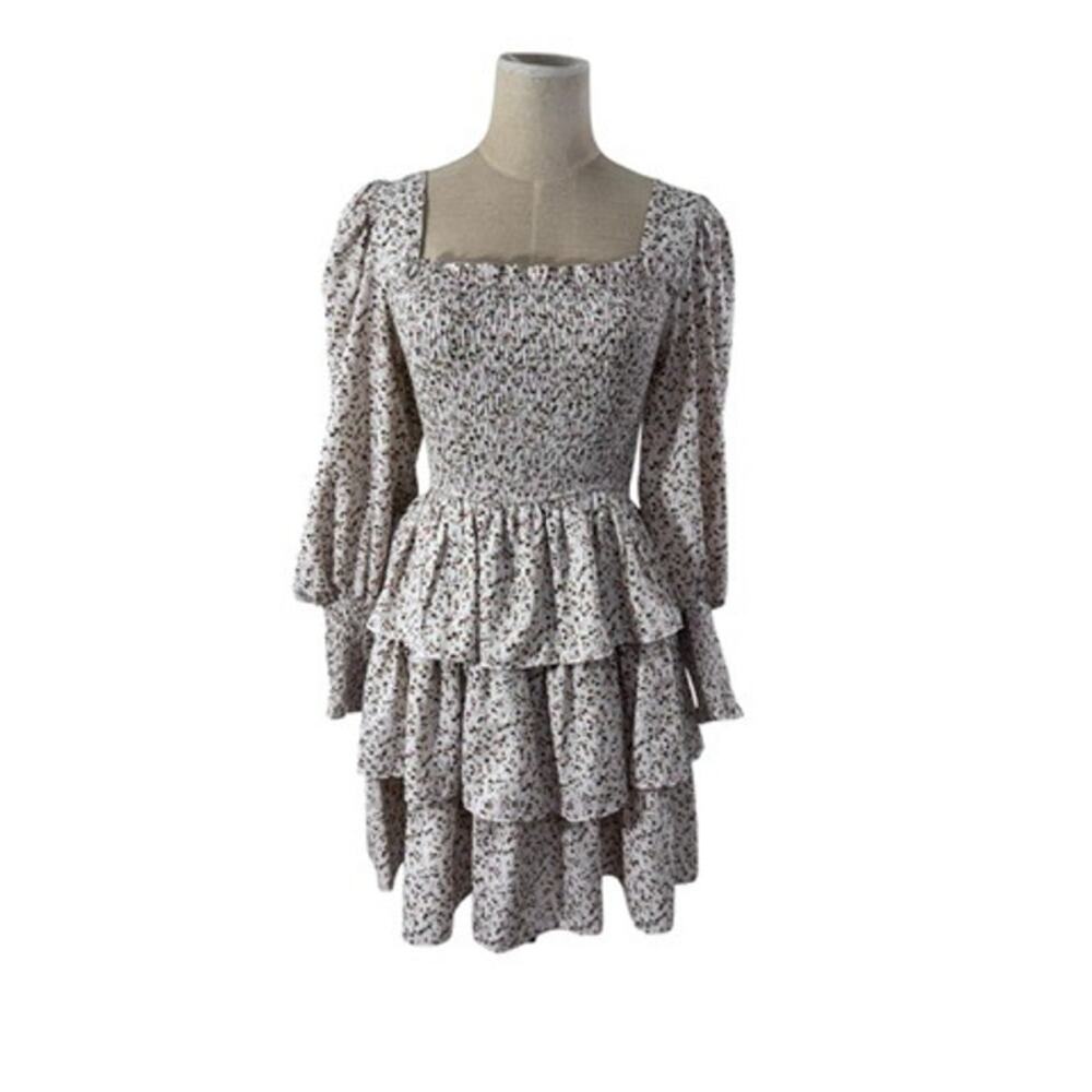"BYINNS" Dress, Cream w/Floral, Ruffles, Rouched,Puff Sleeves,Prairie,Farm Girl,